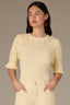 Buttercream Above Elbow Flounce Scallop Sleeve Round Neck Ribbed Mixed Stitch Sweater
