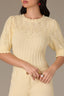 Buttercream Above Elbow Flounce Scallop Sleeve Round Neck Ribbed Mixed Stitch Sweater