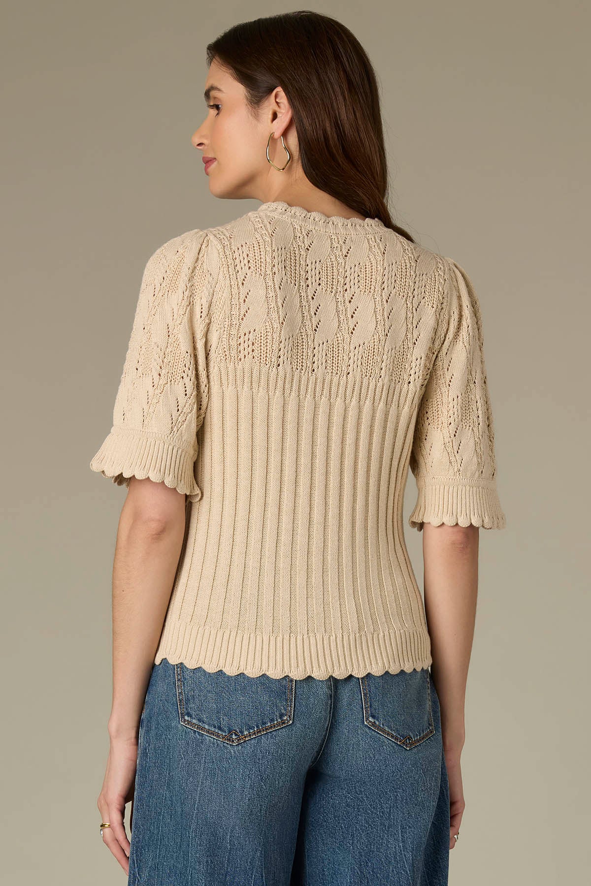 Above Elbow Flounce Sleeve Round Neck Mixed Stitch Sweater – Wit