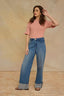 Mid Blue Artisanal Contour Shape Technology Skyrise Wide Fixed Cuff Wide Leg Jean