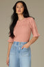 Dusty Pink Above Elbow Flounce Scallop Sleeve Round Neck Ribbed Mixed Stitch Sweater