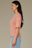 Dusty Pink Above Elbow Flounce Scallop Sleeve Round Neck Ribbed Mixed Stitch Sweater