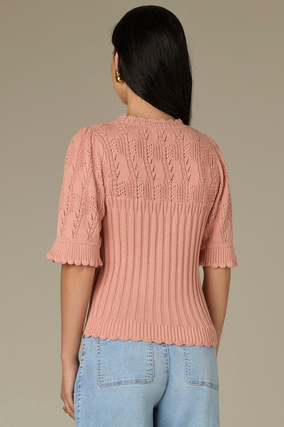 Above Elbow Flounce Sleeve Round Neck Mixed Stitch Sweater – Wit