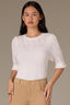Off White Above Elbow Flounce Scallop Sleeve Round Neck Ribbed Mixed Stitch Sweater
