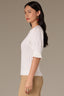 Off White Above Elbow Flounce Scallop Sleeve Round Neck Ribbed Mixed Stitch Sweater