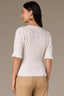 Off White Above Elbow Flounce Scallop Sleeve Round Neck Ribbed Mixed Stitch Sweater