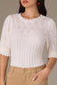Off White Above Elbow Flounce Scallop Sleeve Round Neck Ribbed Mixed Stitch Sweater
