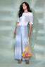 Off White Above Elbow Flounce Scallop Sleeve Round Neck Ribbed Mixed Stitch Sweater