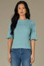 Pale Teal Above Elbow Flounce Scallop Sleeve Round Neck Ribbed Mixed Stitch Sweater