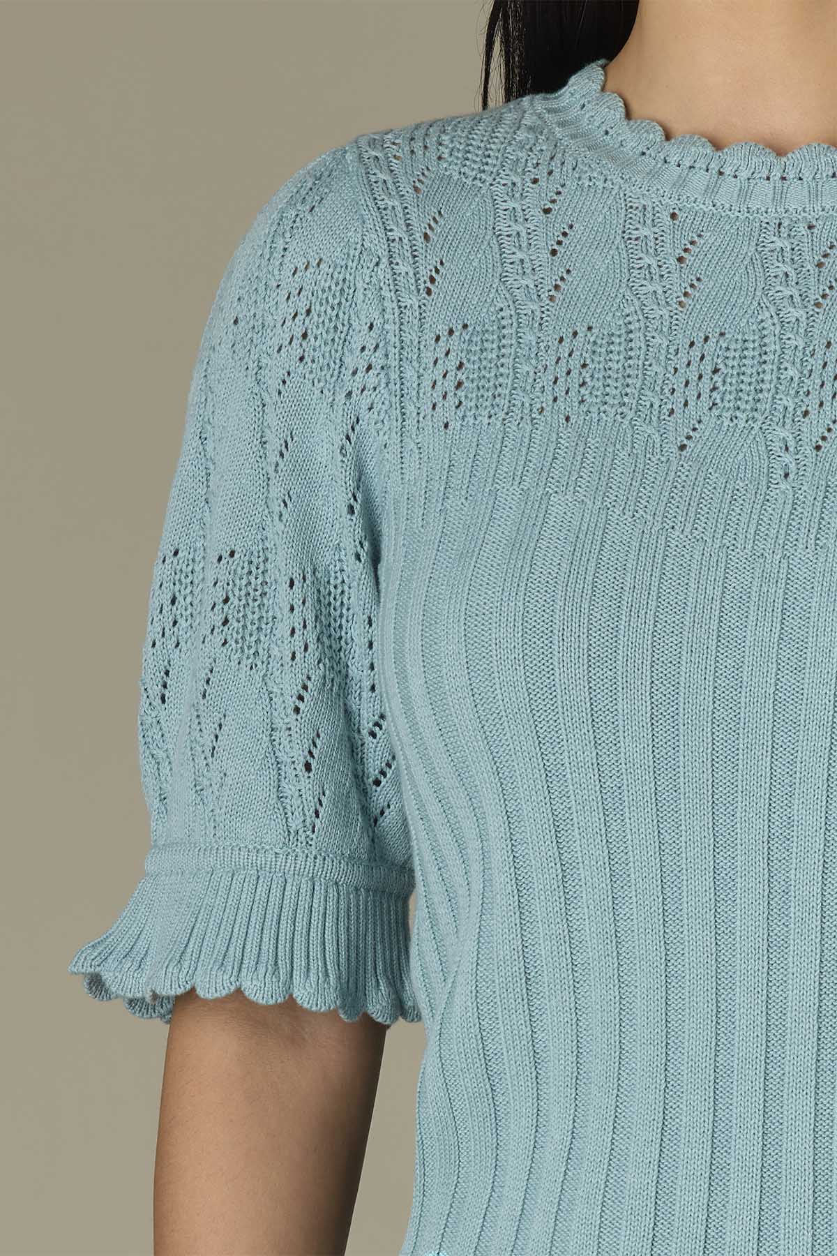 Above Elbow Flounce Sleeve Round Neck Mixed Stitch Sweater – Wit
