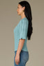 Pale Teal Above Elbow Flounce Scallop Sleeve Round Neck Ribbed Mixed Stitch Sweater