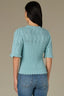 Pale Teal Above Elbow Flounce Scallop Sleeve Round Neck Ribbed Mixed Stitch Petite Sweater Top