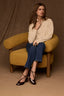 Cream Drop Shoulder Long Dolman Sleeve Collar Neck Button Down Front Tucked Bubble Hem Pleated Petite Sweater Cardigan