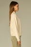 Cream Drop Shoulder Long Dolman Sleeve Collar Neck Button Down Front Tucked Bubble Hem Pleated Sweater Cardigan