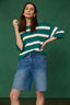 Lake Green Below Elbow Drop Shoulder Sleeve Double Round Neck Rugby Stripe Sweater