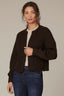 Chocolate Truffle Long Blouson Sleeve Open Front Round Collarless Neck Patch Pocket Sweater Cardigan
