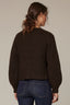 Chocolate Truffle Long Blouson Sleeve Open Front Round Collarless Neck Patch Pocket Sweater Cardigan
