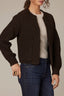 Chocolate Truffle Long Blouson Sleeve Open Front Round Collarless Neck Patch Pocket Sweater Cardigan
