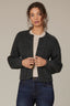 Dark Charcoal Long Blouson Sleeve Open Front Round Collarless Neck Patch Pocket Sweater Cardigan
