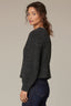 Dark Charcoal Long Blouson Sleeve Open Front Round Collarless Neck Patch Pocket Sweater Cardigan
