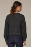 Dark Charcoal Long Blouson Sleeve Open Front Round Collarless Neck Patch Pocket Sweater Cardigan
