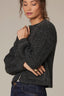 Dark Charcoal Long Blouson Sleeve Open Front Round Collarless Neck Patch Pocket Sweater Cardigan

