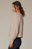 Heather Mocha Long Blouson Sleeve Open Front Round Collarless Neck Patch Pocket Sweater Cardigan
