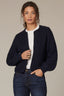 Navy Long Blouson Sleeve Open Front Round Collarless Neck Patch Pocket Sweater Cardigan
