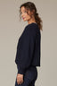 Navy Long Blouson Sleeve Open Front Round Collarless Neck Patch Pocket Sweater Cardigan