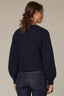 Navy Long Blouson Sleeve Open Front Round Collarless Neck Patch Pocket Sweater Cardigan