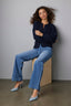 Navy Long Blouson Sleeve Open Front Round Collarless Neck Patch Pocket Sweater Cardigan