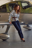 Light Grey Ecru Stripes Long Blouson Sleeve Round Neck Open Front Patch Pockets Stripe Straight Hem Petite Sweater Cardigan