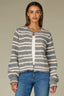 Light Grey Ecru Stripes Long Blouson Sleeve Round Neck Open Front Patch Pockets Stripe Straight Hem Petite Sweater Cardigan