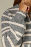 Light Grey Ecru Stripes Long Blouson Sleeve Round Neck Open Front Patch Pockets Stripe Straight Hem Petite Sweater Cardigan