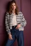 Light Grey Ecru Stripes Long Blouson Sleeve Round Neck Open Front Patch Pockets Stripe Straight Hem Petite Sweater Cardigan