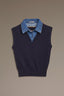 Navy Blue Combo Sleeveless V-Placket Collar Straight Banded Hem Mixed Media Design Sweater Vest Top