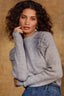 Heather Grey Long Raglan Sleeve Mock Neck Soutache Embroidered Curled Edge Petite Pull Over Sweater 