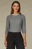 Heather Grey Three Quarter Sleeve Round Neck Pearl Trim Cable Stitch Keyhole Back Straight Hem Sweater Top