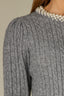 Heather Grey Three Quarter Sleeve Round Neck Pearl Trim Cable Stitch Keyhole Back Straight Hem Sweater Top