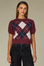 Plum Short Sleeve Round Neck Argyle Jacquard Front Straight Banded Hem Sweater Top