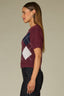 Plum Short Sleeve Round Neck Argyle Jacquard Front Straight Banded Hem Petite Sweater Top