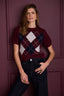Plum Short Sleeve Round Neck Argyle Jacquard Front Straight Banded Hem Sweater Top