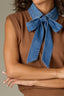 Sahara Sand Blue Sleeveless Button Up V-Placket Denim Collar Self Tie Banded Hem Mixed Media Sweater