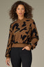 Golden Brown Black Long Blouson Sleeve Overlap Mock Neck Banded Hem Abstract Metallic Jacquard Print Pull Over Sweater