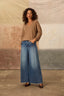 Mid Blue Artisanal Denim Contour Shape Technology Skyrise Round Up Yoke Front Center Seam Fray Hem Petite Wider Leg Jean