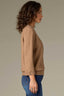 Coffee Cake Three Quarter Ribbed Sleeve V-Neck Collar Pearl Trim Seaming Banded Hem Sweater Top