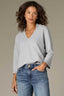 Heather Grey Three Quarter Ribbed Sleeve V-Neck Collar Pearl Trim Seaming Banded Hem Sweater Top
