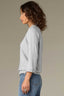 Heather Grey Three Quarter Ribbed Sleeve V-Neck Collar Pearl Trim Seaming Banded Hem Sweater Top
