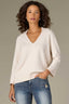 Winter Pearl Three Quarter Ribbed Sleeve V-Neck Collar Pearl Trim Seaming Banded Hem Sweater Top
