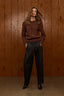Mocha Long Puff Sleeve Round Embroidered Neck Cable Placement Front Banded Hem Sweater Top